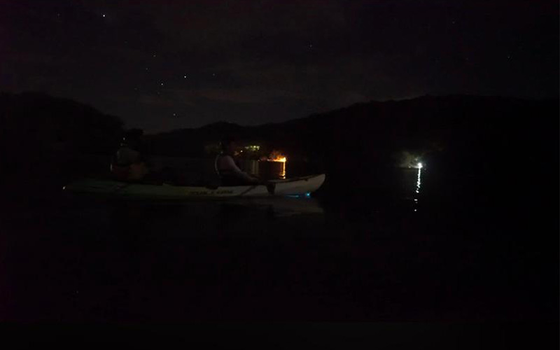 kayak in the darknes sorrounded by bioluminescence